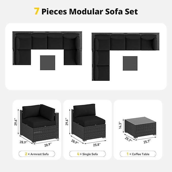 Aoxun Patio Furniture Set, 7 Piece Outdoor Sectional Sofas with Waterproof Cover, Wicker Rattan Outdoor Furniture Patio Conversation Set for Backyard, Garden Black