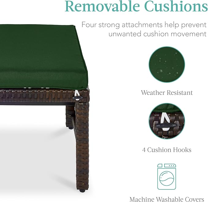 Best Choice Products Set of 2 Wicker Ottomans, Multipurpose Outdoor Furniture for Patio, Backyard, Additional Seating, Footrest, Side Table w/Removable Cushions, Steel Frame - Midnight Green/Brown