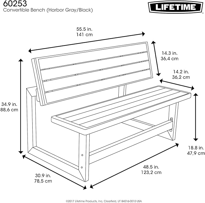LIFETIME 60253 Outdoor Convertible Bench, 55 Inch, Harbor Gray