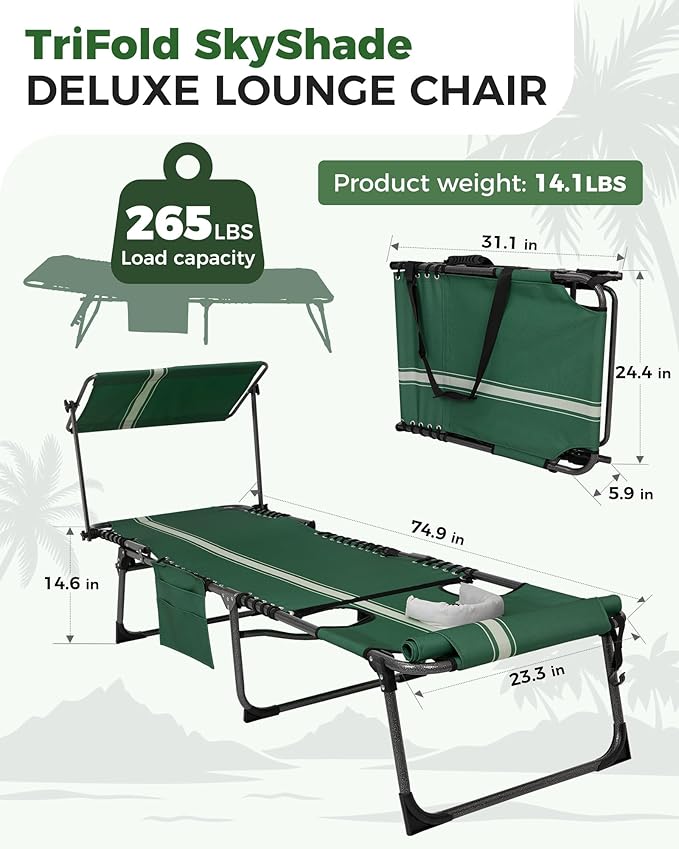 KingCamp 2 Pack Lounge Chair Outdoor with Canopy & Face Hole, Adjustable 5-Position Folding Chaise Tanning Recliner Portable Comfy Chaiser for Camping Outside Patio Pool Beach, Green/White
