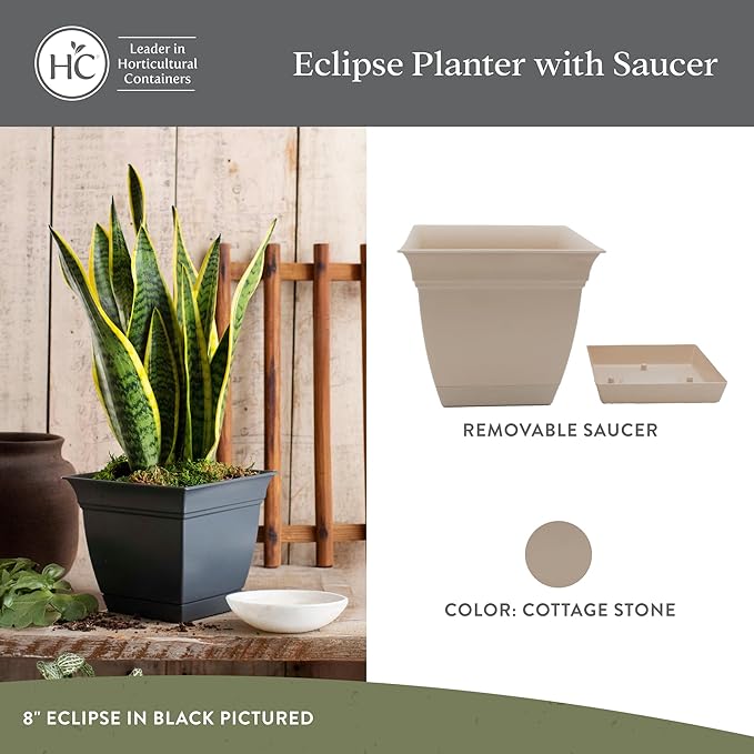 The HC Companies Eclipse Square Plastic Planter w/ Attached Saucer - Outdoor & Indoor Plant Pot with Drainage Holes - Lightweight, UV-Resistant Plastic Pots For Plants (12" Cottage Stone, Pack of 1)