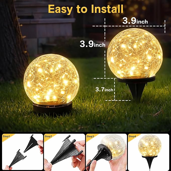 Solar Garden Lights Outdoor Waterproof, 6 Pack LEDs Cracked Glass Ball Light, Ground Landscape Garden Decor, Solar Globe Decorative for Pathway/Patio/Lawn/Yard, 3.9"