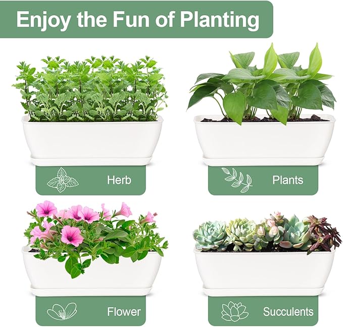 4-Piece White Rectangular Window Sill Planters with Drainage Holes and Trays (11 Inches) for Basil, Orchids, and Succulents Modern Herb Garden Planters Suitable for Indoor/Outdoor Plants