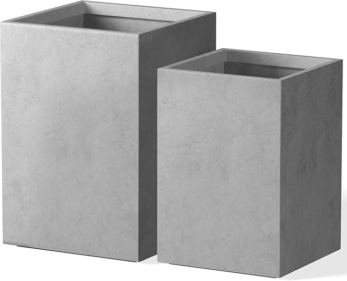 Kante 18.5",15.7" H Tall Rectangular Concrete Planters Set of 2, Outdoor Indoor Lightweight Plant Pots with Drainage Hole and Rubber Plug, Modern Style for Home Garden Patio, Natural Concrete