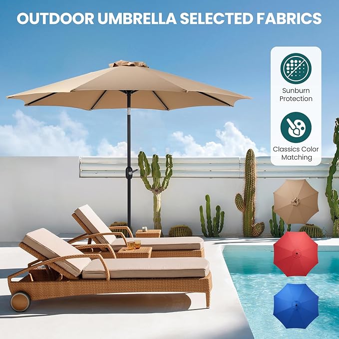 OLIXIS 9ft Patio Umbrella with Tilt and Crank Button & 8 Sturdy Ribs Waterproof, Patio Table Umbrella Perfect for Poolside, Terrace, Beach and Outdoor Restaurant, Brown