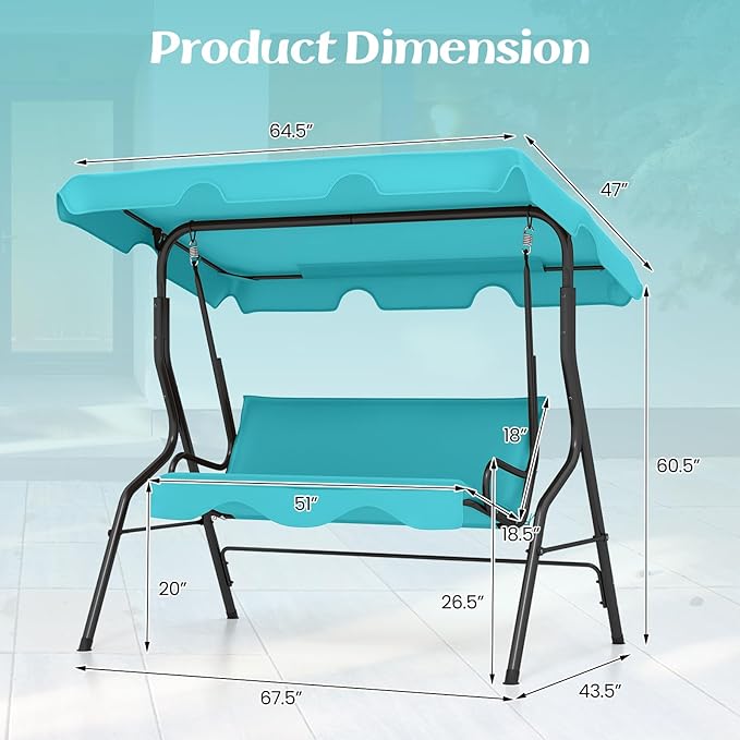 Tangkula 3 Person Porch Swing, Patio with Removable Cushion & Powder-Coated Steel Frame, Outdoor Swing with Canopy for Porch, Backyard, Garden, Balcony (Turquoise)