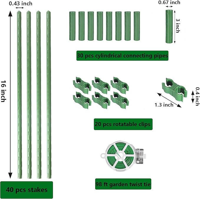 Garden Stakes Kit, 40 Sets 16 inch 0.43" in Diameter Steel Plant Stick Support (with Accessories Total 91 pcs), DIY 3ft 4ft 5ft 6ft 7ft Sturdy Tomato Stakes for Indoor & Outdoor Gardening Supplies