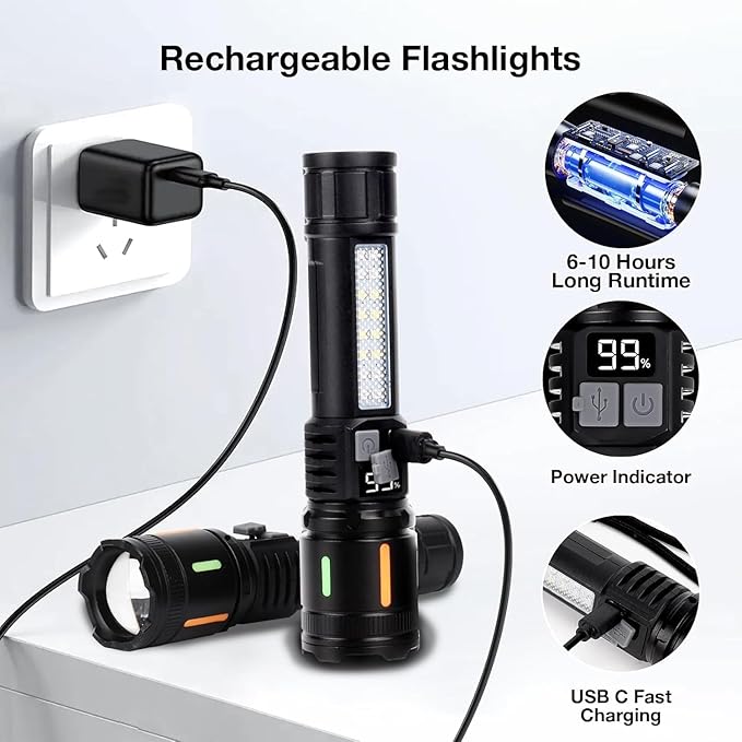 Rechargeable Flashlight High Lumens 900,000L, Super Bright LED Handheld Flashlights, 5 Modes Powerful Tactical Flash Light with Cob Side Light, USB C, Waterproof for Home, Emergency