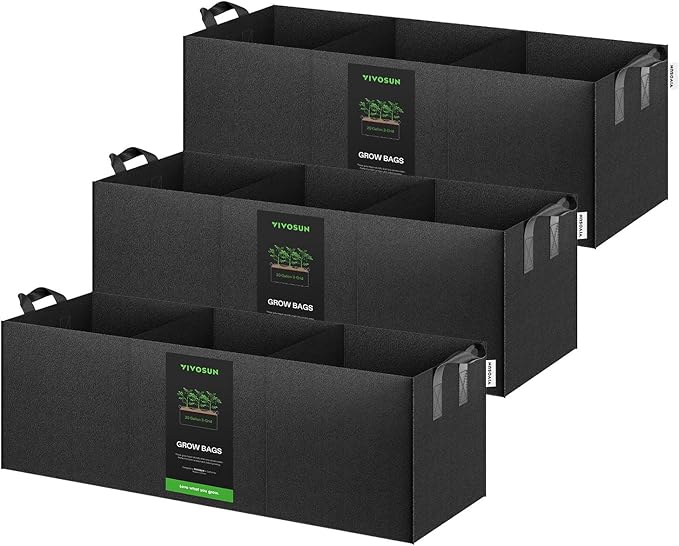 VIVOSUN 3-Pack 3-Grid 20 Gallon Grow Bags, Heavy Duty Square Plant Grow Pots, 400G Thickened Breathable Fabric Plant Container with Reinforced Handles & 10 Pcs Plant Labels for Flowers, Vegetables