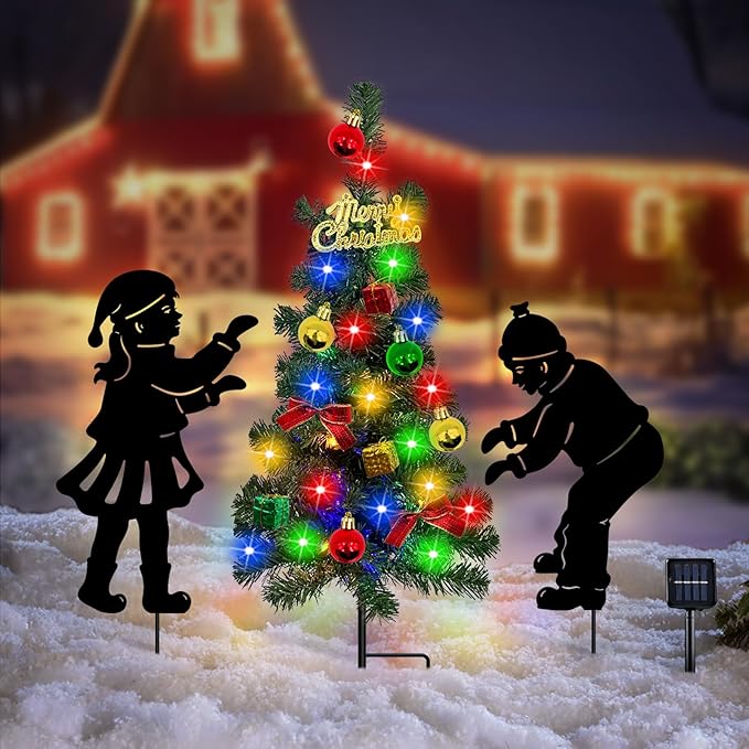 Solar Outdoor Christmas Tree,3 Pack Christmas Outdoor Decorations with Boy and Girl Garden Stakes,Color Changing LED Lights,Waterproof Xmas for Yard,Lawn,Pathway