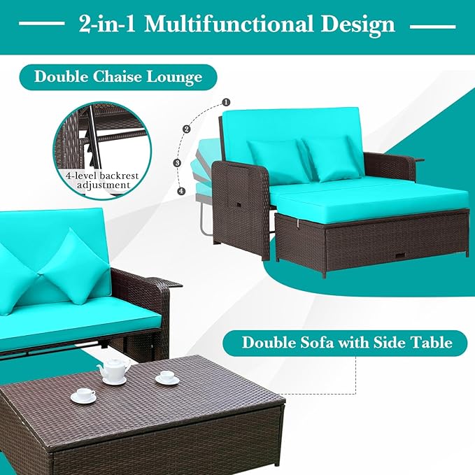 Nightcore Wicker Patio Outdoor Daybed, Outdoor Chaise Lounger w/ 4-Level Adjustable Backrest, Retractable Side Trays, Storage Ottoman, Comfortable & Removable Cushions, Rattan Loveseat (Turquoise)