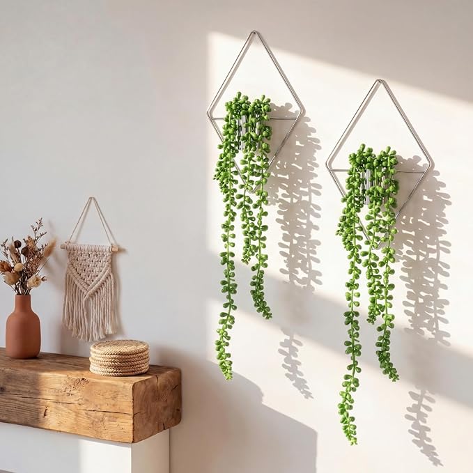 2 Pieces Wall Decor Hanging Planters with Artificial Plants Metal Hanging Vase Indoor Plants Holder Modern Boho Wall Art for Bathroom Bedroom Living Room Decor, Silver, Succulents