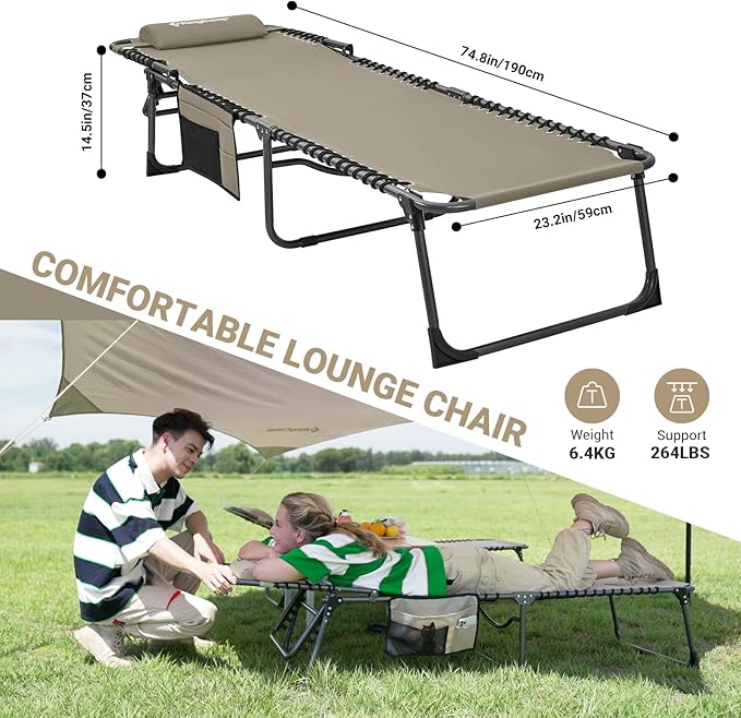 KingCamp Lounge Chair Outdoor, Folding Portable Tanning Chairs Comfy Adjustable 5-Position Lay Flat Foldable Chaise Chaser Lounger with Pillow for Outside Beach Patio Sun Bathing Pool, Beige