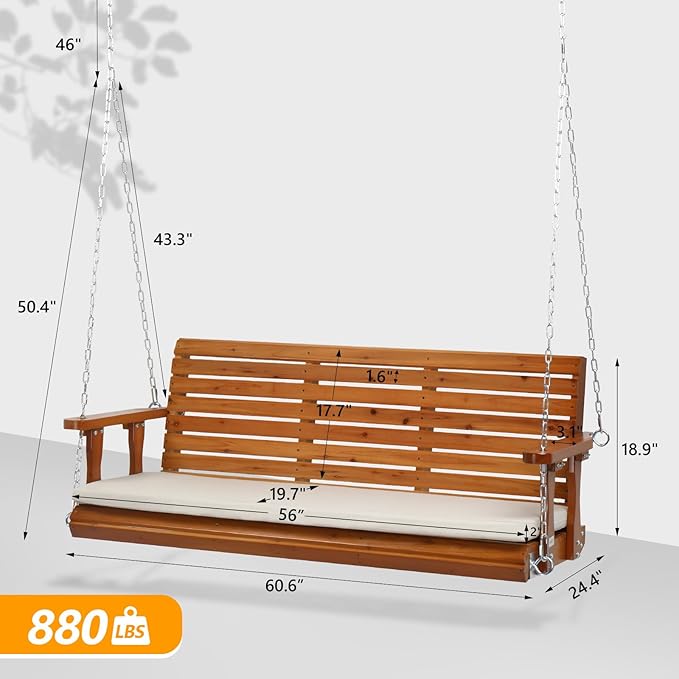 VINGLI Heavy Duty 880 LBS Patio Wooden Porch Swing Outdoor with Extra Cushion, Farmhouse Hanging Bench Tree Swing with Adjustable Chains for Yard | Garden | Lawn | Balcony (5 FT, Brown)