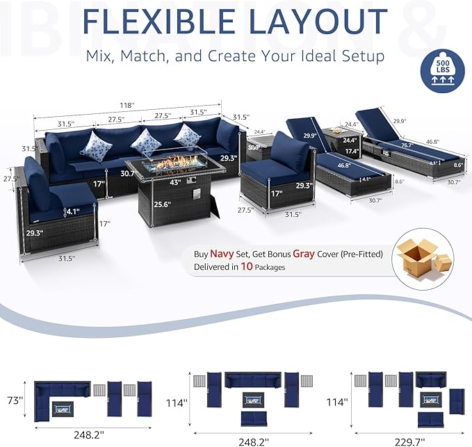 NICESOUL 11 Piece Outdoor Sectional with Fire Pit Table, 29.3'' High Back Rattan Patio Furniture Set with Firepit & Chaise Lounge, Large Deep Outdoor Sectional, 2 Color Cushion Navy Blue & Grey