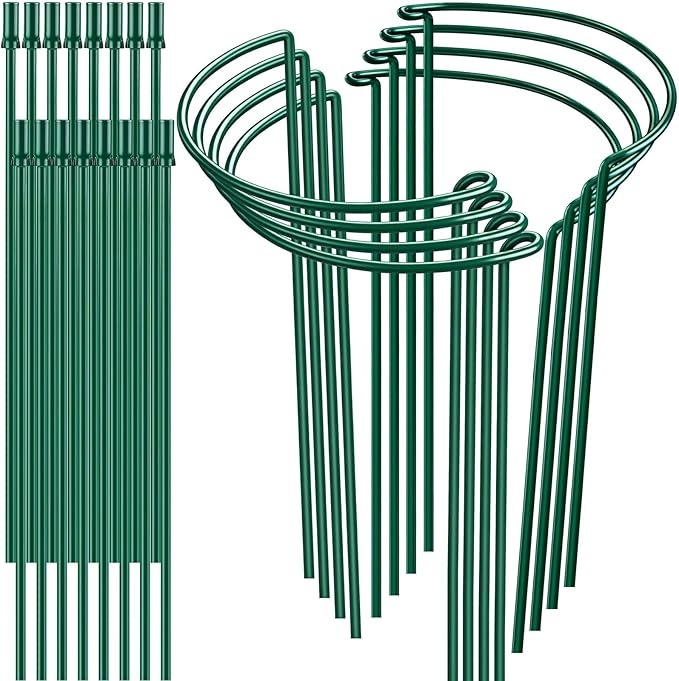 8 Pack 32 or 16 inch Adjustable Plant Support Stakes, Heavy-Duty Half Round Peony Support, Garden Plant Stakes Cage for Outdoor Plants, Peony, Tomato, Hydrangea, (16In Support +16In Extension Tubes)
