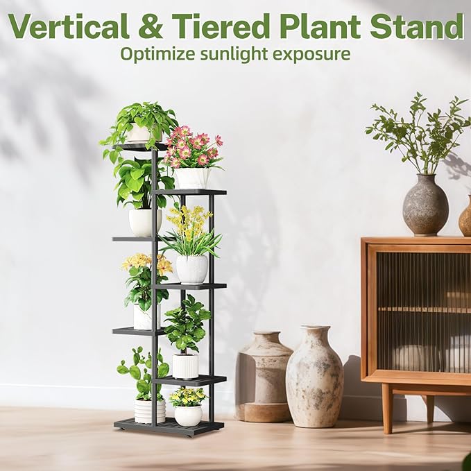 iDavosic.ly Plant Stand Indoor Outdoor, 6-Tier Tall Metal Flower Shelf for Heavy-Duty Large Planters, Corner Orchid Display Rack for Living Room Balcony Patio Porch, Space Saving, Modern Black