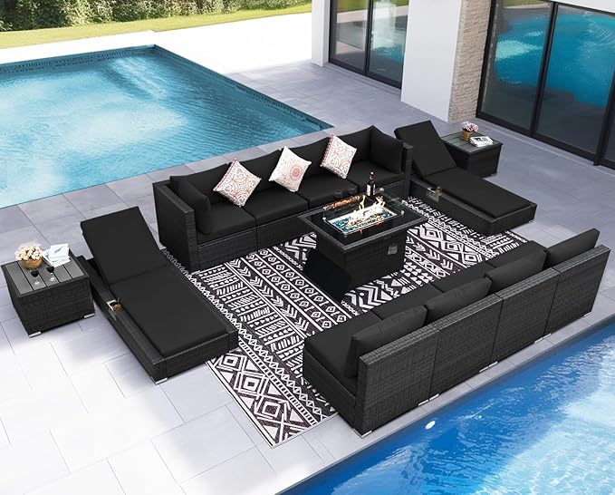 NICESOUL 13 Piece Outdoor Sectional with Fire Pit Table, All-Weather Wicker Modular Patio Furniture Set with Firepit & Chaise Lounge, Large Deep Sitting for Backyard, Deck, Grey & Black