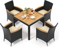 Tangkula 5 Pieces Rattan Outdoor Dining Set for 4, Outdoor Acacia Wood Table Set with 4 Cushioned Wicker Chairs, Umbrella Hole, Patio Dining Furniture Set for Deck Pool Backyard