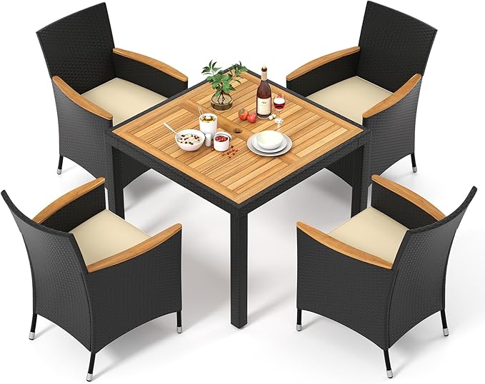 Tangkula 5 Pieces Rattan Outdoor Dining Set for 4, Outdoor Acacia Wood Table Set with 4 Cushioned Wicker Chairs, Umbrella Hole, Patio Dining Furniture Set for Deck Pool Backyard