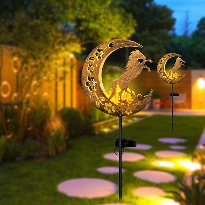Solar Lights Outdoor Waterproof - Moon & Horse Landscape Lighting, Weatherproof SolarGarden Stakes with 8-10H Auto On/Off, Decorative Pathway Markers for Driveway/Walkway/Equestrian Farms