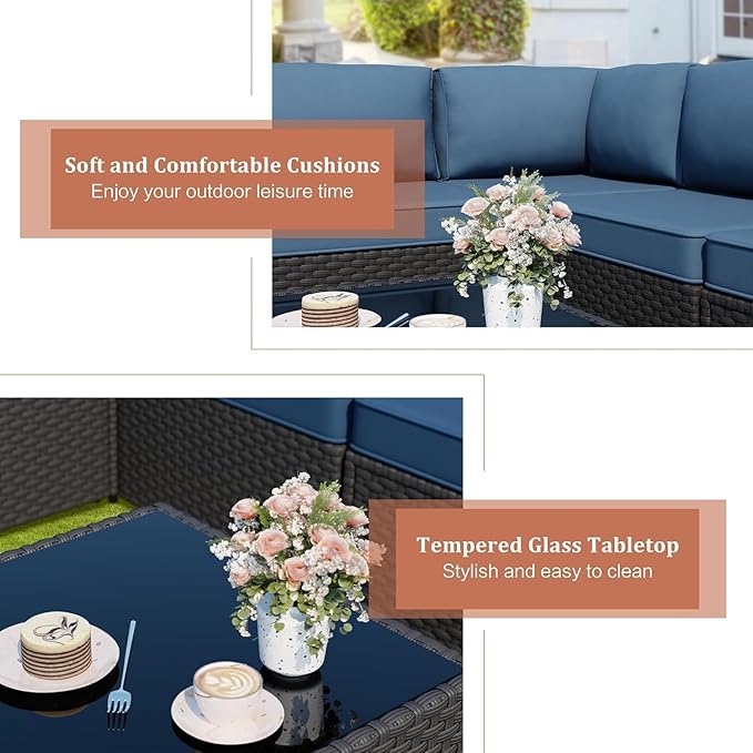 JAMFLY Patio Furniture Sets, 6-Piece Outdoor Patio Furniture with 43'' Propane Gas Fire Pit Table, Wicker Outdoor Conversation Set Sectional Sofa for Backyard, Poolside, Garden, Aegean Blue