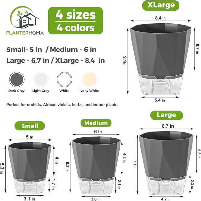 2 Pack Self Watering Plant Pots 8.4" Self Watering Planters for Indoor and Outdoor Plants African Violet Self Watering Clear Pots for Plants Large Herb Orchid Flower Houseplant Pots, Dark Grey
