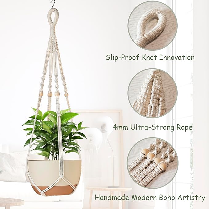 35 Inch Macrame Plant Hanger Indoor with Wood Beads and No Tassels,Strong Hanging Planter Flower Pot Holder for Indoor Outdoor Boho Home Decor,Set of 2,Ivory(Pots Not Included)