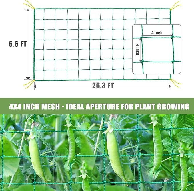 Garden Trellis Netting - Heavy Duty Trellis Net for Climbing Plants, 26.3x6.6Ft Plant Netting for Cucumber, Tomato, 27 Strands Nylon & 4x4 IN Mesh, Grow Netting for Fruits, Vegetables, Grape, Bean,Pea