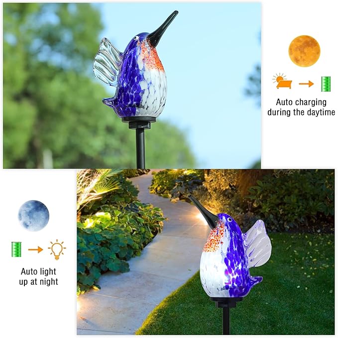 Bshine Solar Garden Decoration Outdoor Hummingbird Lights Stake, Hand Blown Glass Waterproof Solar Light Decorate Paths, Pathways, Lawns and Yards Art for Mom Gifts