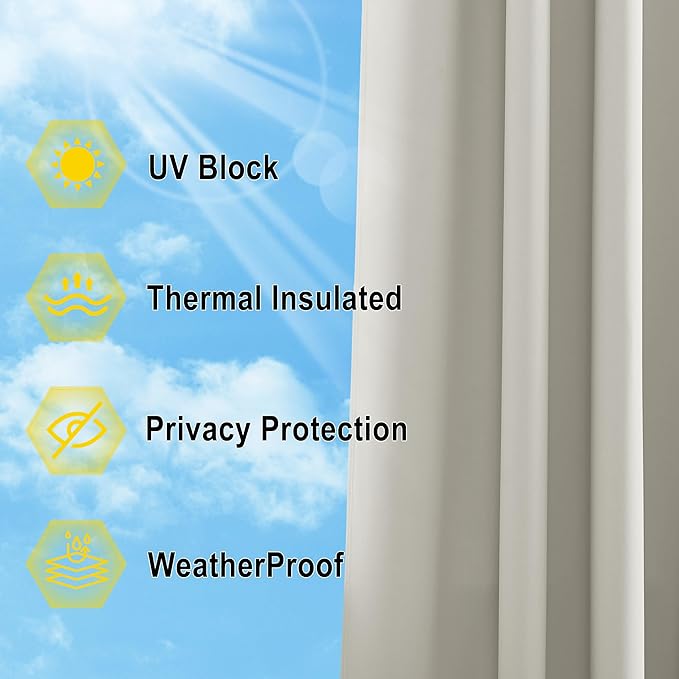 NICETOWN 2 Panels Outdoor Curtains for Patio Extra Wide 84", Waterproof & Windproof Grommet & Back Tab Fixed Top and Bottom Sun Blocking Privacy Drapes with Rope for Gazebo, Natural, W84 x L84