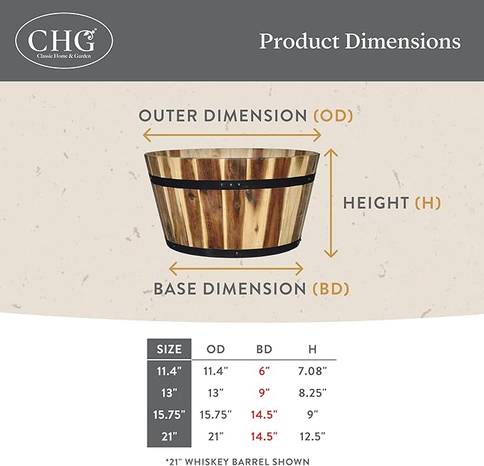 Classic Home and Garden Outdoor Whiskey Resin Flower Pot Barrel Planter, Oak Brown, 20.5" (Pack of 2)