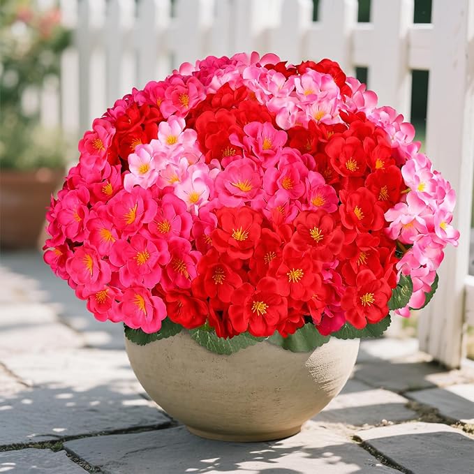 Artificial Geraniums Flowers for Outdoors, 6 Bundles Realistic Silk Fake Geranium, No Fade Faux Plants for Hanging Baskets, Window Boxes, Planters - Porch, Patio, Garden Decor(Mix Colors)