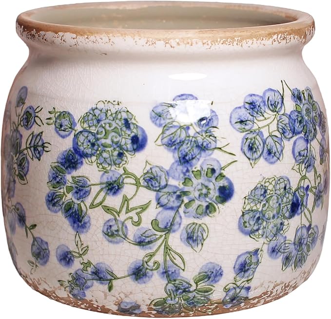 Ceramic Planters Spring Decor, 6.29in Country Cottage Plant Pots with Drainage Hole for Indoor Plants & Succulent, Vintage Crackle Glaze Finish Flower Vase, Home Decor Gifts, Deep Blue Floral