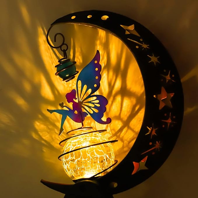 Solar Fairy Garden Light Decor, Moon Fairy Stake Lights, Crackle Glass Globe with Color Angel Decor, Outdoor LED Pathway Lights Waterproof for Walkway, Yard, Lawn, Patio or Courtyard
