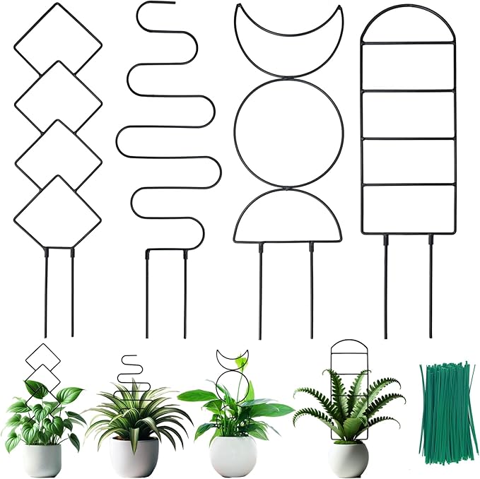 4 Packs 19 in Heighten Trellis for Climbing Plants Indoor, HENABLE Small Garden Metal Trellis for Potted Plants Outdoor for Vine Ivy Flower Plant Support, 4 Different Black Iron Patterns
