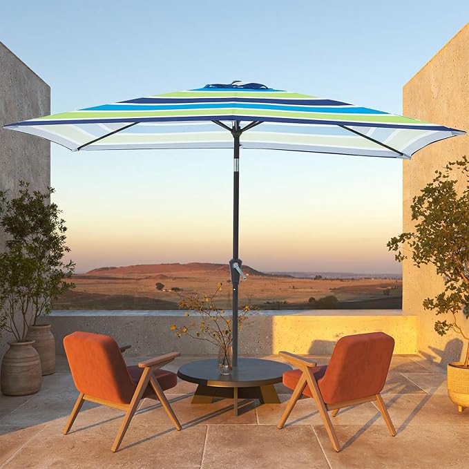JEAREY 6.5x10 ft Rectangular Patio Umbrellas Rectangle Outdoor Umbrella with Push Button Tilt and Crank, Market Table Umbrella 6 Sturdy Ribs UV Protection for Poolside Garden Backyard Deck, Blue-Green Stripe