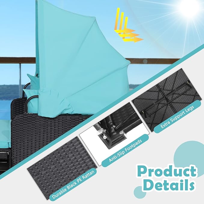 Tangkula Patio Rattan Daybed with Retractable Canopy, Patiojoy Wicker Sun Lounger with 2 Foldable Side Panels, Thick Seat & Back Cushions, for Garden, Backyard, Porch (Turquoise)