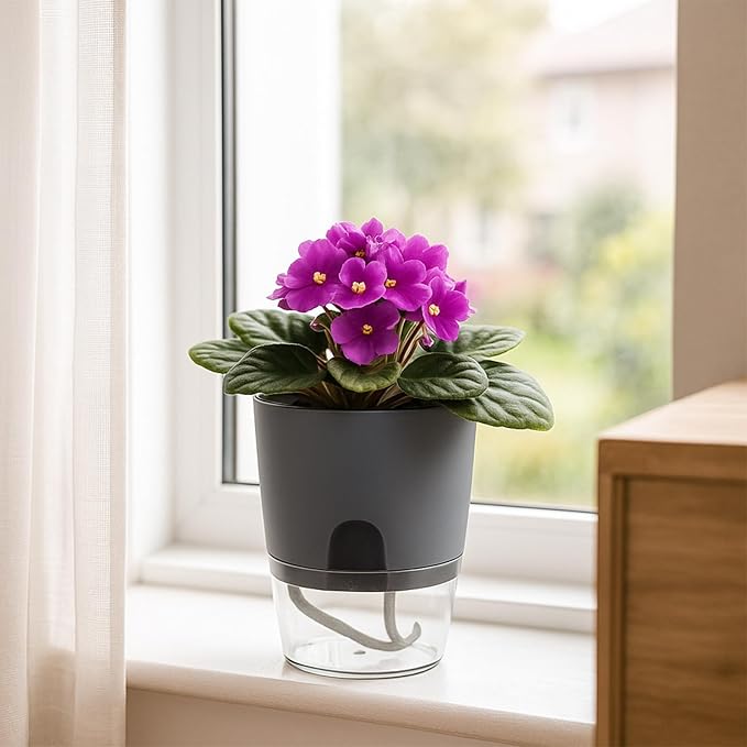 Planterhoma 6 Pack Self Watering Pots for Indoor Plants, 3.2/4/6 Inch Plant Pot Plastic Self Watering Planter for Orchid, African Violet, Small Clear Flower Pots with Drainage Holes and Wicking, Grey