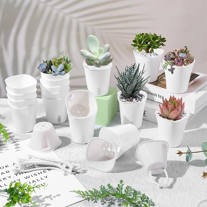 24 Pcs Self Watering Pots for Indoor Plants, 3 Inch White Plastic Self Watering Planters with Water Level Indicator - Perfect for Succulents