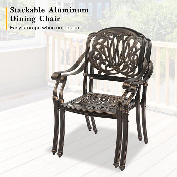 VINGLI 7 Pieces Outdoor Dining Set, Cast Aluminium All-Weather Patio Dining Set for 6 with Umbrella Hole, Outdoor Dining Table and Chairs with Cushion for Yard, Garden, Porch and Poolside, Bronze