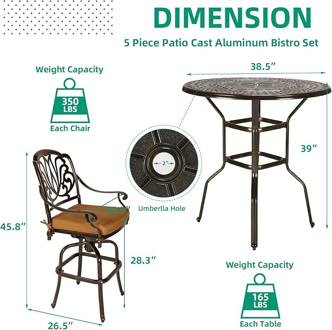 VIVIJASON 5-Piece Patio Swivel Bar Stools Set, All Weather Cast Aluminum Outdoor Bar Height Bistro Set with 4 Cushioned Bar Chairs & 38.5" High Bar Table w/Umbrella Hole for Backyard, Lawn, Garden