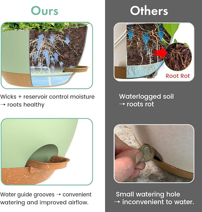 13 Inch 2 Pack Large Self Watering Hanging Planters for Indoor Outdoor Plants, Hanging Plant Pots with Removable 50 Oz Reservoir, Plastic Hanging Basket for Window Porch Garden, Green with Brown