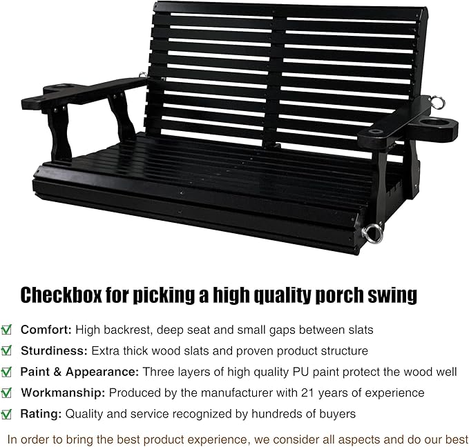 Wooden Porch Swing 2-Seater, High Backrest and Deep Seat, Bench Swing with Cupholders, Hanging Chains and 7mm Springs, Heavy Duty 880 LBS, for Outdoor Patio Garden (Carbon Black - 4 FT Extra Large)