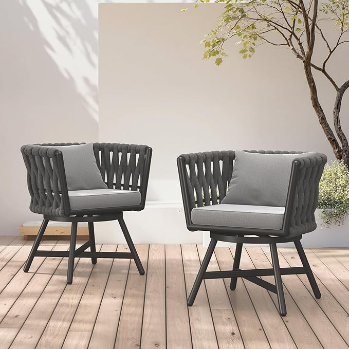 Grand patio Swivel Rope Wicker Chairs Set of 2, Patio Dining Chairs with Cushions, Wicker Armchairs Frame, Outdoor Modern Style for Backyard, Balcony, Quinn, Dark Grey
