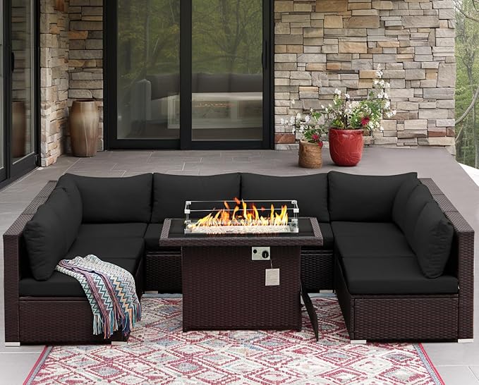 NICESOUL Modern Large Patio Furniture Set with Firepit Propane/Natural Gas, 29.3'' High Back Comfy Outdoor Sectional Couch Sofa Sets, 9 Piece Extra Wide Modular Sitting, Brown Rattan and Black Cushion