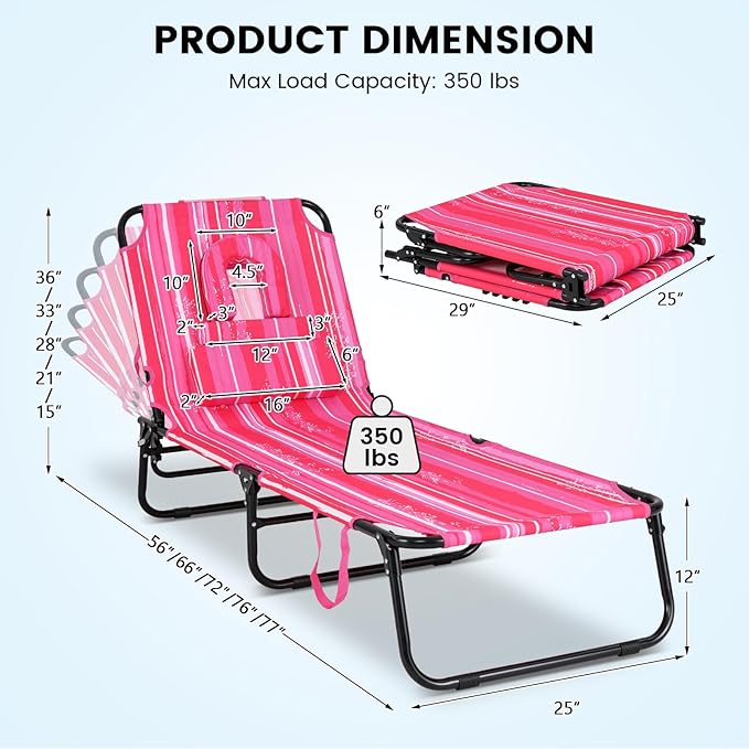 GYMAX Tanning Chair, 350lbs Beach Lounge Chair with Face Hole, Washable Pillow & Carry Strap, Adjustable Folding Chaise Lounge, Layout Lounger for Outside, Patio, Poolside, Lawn (1, Pink Stripe)