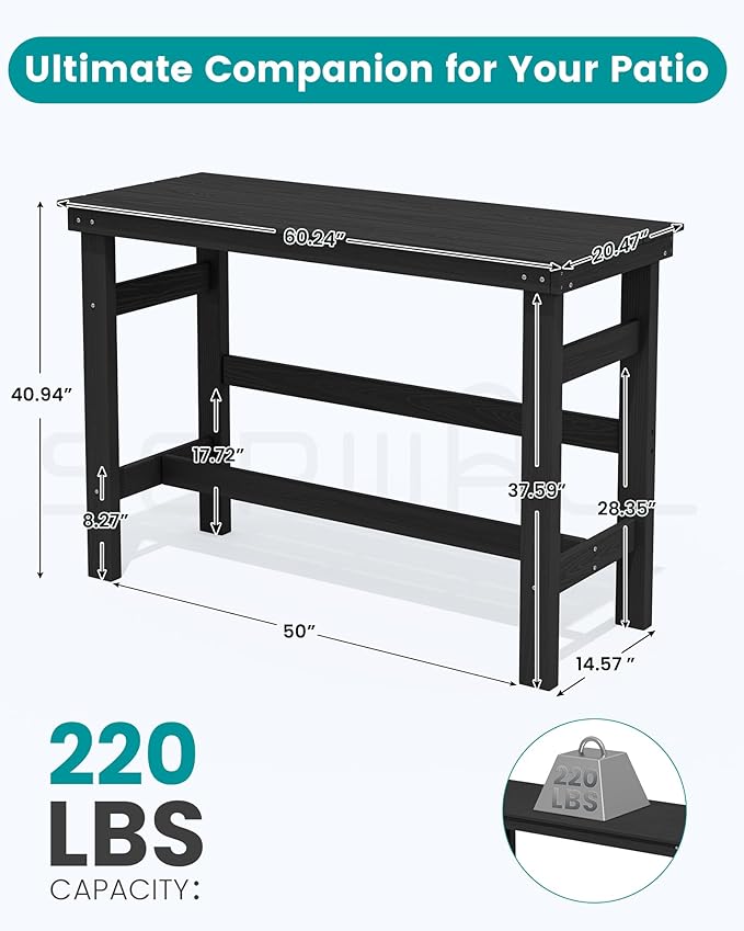 SERWALL 41" Outdoor Bar Table, All Weather HDPE Patio Bar Counter Height Table, Rectangle Patio Bar Table for Outside, Garden, Backyard, Balcony, Poolside, Black
