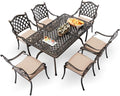 7-Piece Cast Aluminum Patio Furniture, Patio Dining Set for 6 Include 59" Rectangular Outdoor Dining Table and 6 Stackable Chairs with Cushions & Umbrella Hole (Bronze)