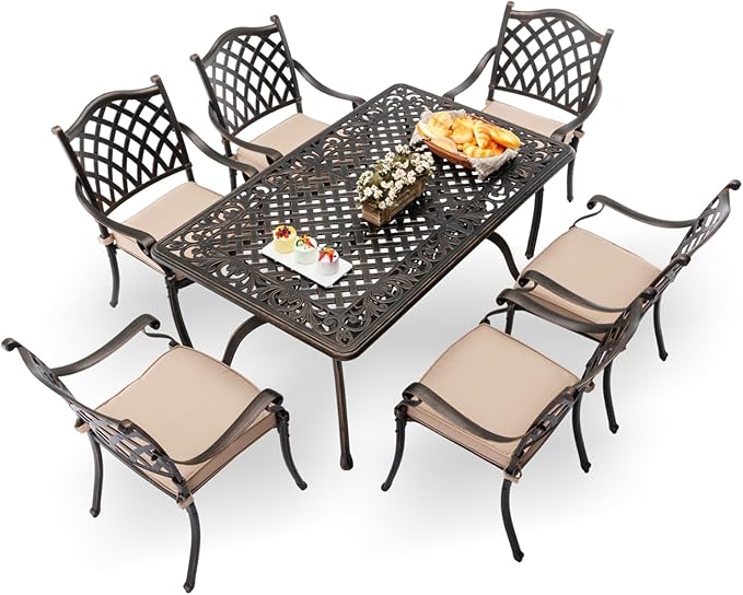 7-Piece Cast Aluminum Patio Furniture, Patio Dining Set for 6 Include 59" Rectangular Outdoor Dining Table and 6 Stackable Chairs with Cushions & Umbrella Hole (Bronze)